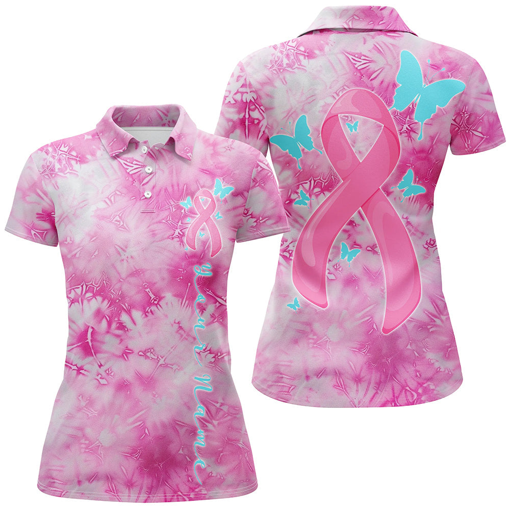 Pink Tie Dye Butterfly Breast Cancer Awareness Polo Shirts for Women - Custom Ribbon Design
 I7124