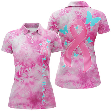 Pink Tie Dye Butterfly Breast Cancer Awareness Polo Shirts for Women - Custom Ribbon Design
 I7124