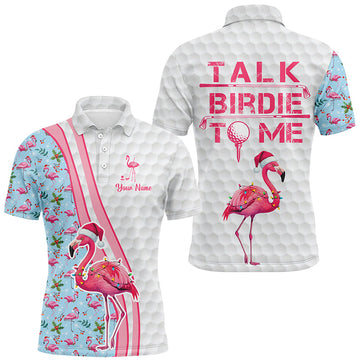 Lustiges Herren Golf Polo-Shirt mit personalisiertem pinken Flamingo – Blaue Weihnachtsgolf-Shirts „Sprich mit mir, Birdie!“ N8992