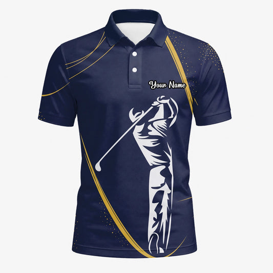 Personalisiertes Golf Poloshirt Marineblau Goldenes Golfer Schwung Silhouetten Design für Herren A1639