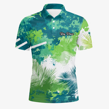 Personalisiertes Golf Poloshirt Grün Blaues Tropisches Blätter Farbklecks Design für Herren B7869