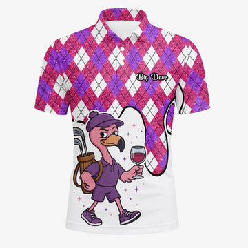 Personalisiertes Golf Poloshirt Pink Lila Rauten Strauß Golfer Cartoon Design für Herren D7000