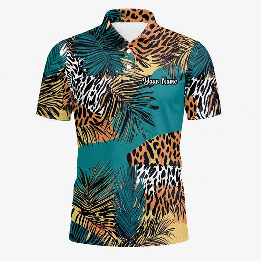 Personalisiertes Golf Poloshirt Türkis Orange Tropisches Palmen Animal Print Design für Herren A7122