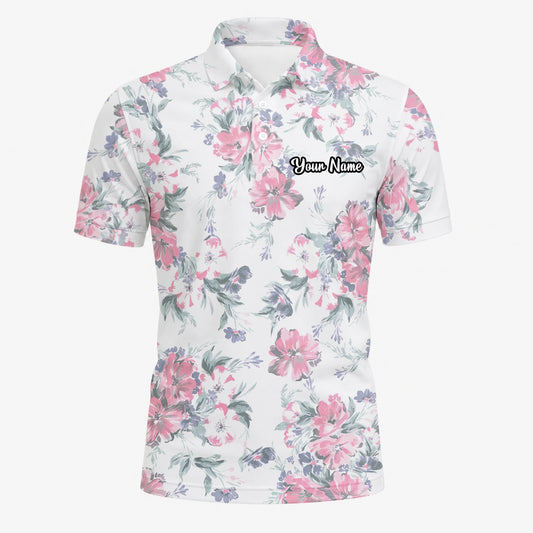 Personalisiertes Golf Poloshirt Weiß Rosa Blumen Blätter Design für Herren H5152