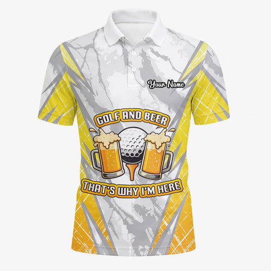 Personalisiertes Golf Poloshirt Grau Gelbes Golf und Bier Spruch Design für Herren P2319