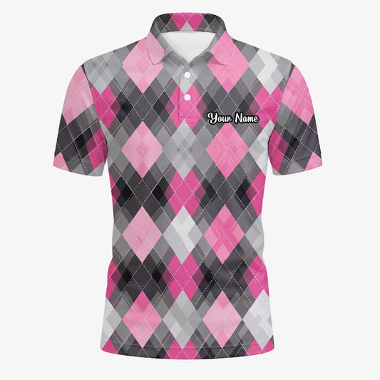 Personalisiertes Golf Poloshirt Rosa Graues Rauten Muster für Herren Z9376