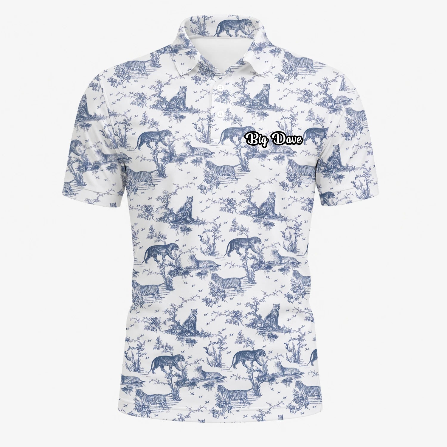 Personalisiertes Golf Poloshirt Weiß Blaues Dinosaurier Toile Design für Herren Q4771