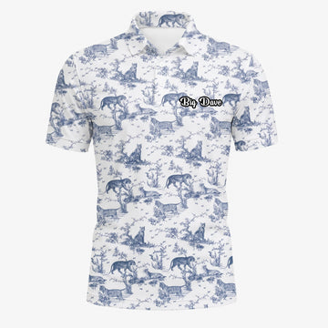 Personalisiertes Golf Poloshirt Weiß Blaues Dinosaurier Toile Design für Herren Q4771