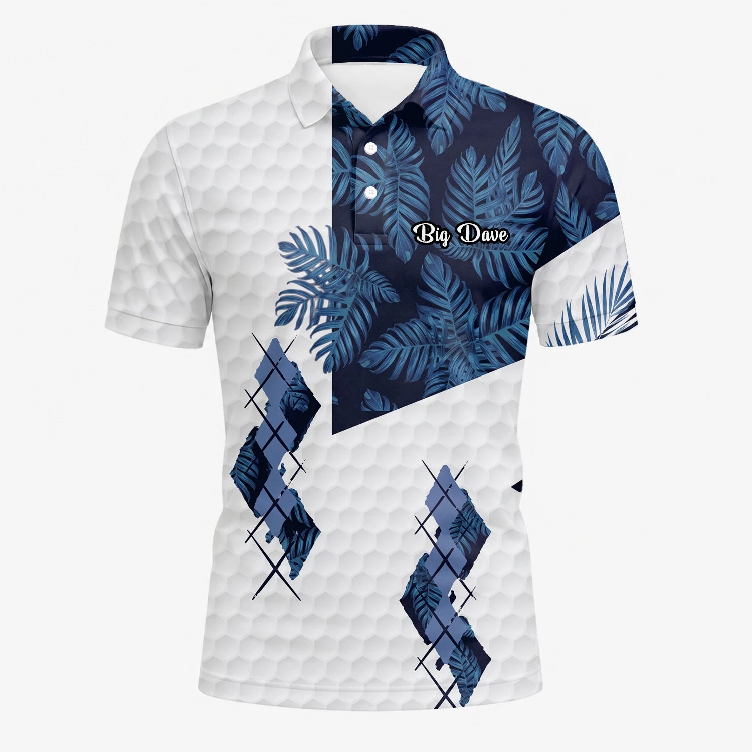 Personalisiertes Golf Poloshirt Weiß Marineblaues Tropisches Blätter Rauten Design für Herren D6549