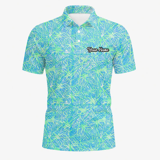Personalisiertes Golf Poloshirt Türkis Limettengrünes Tropisches Blätter Design für Herren U1015