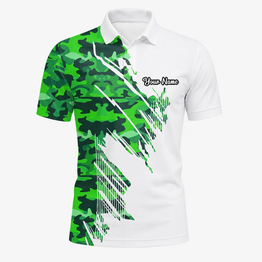 Personalisiertes Golf Poloshirt Weiß Grünes Camo Pinselstreifen Design für Herren E9788