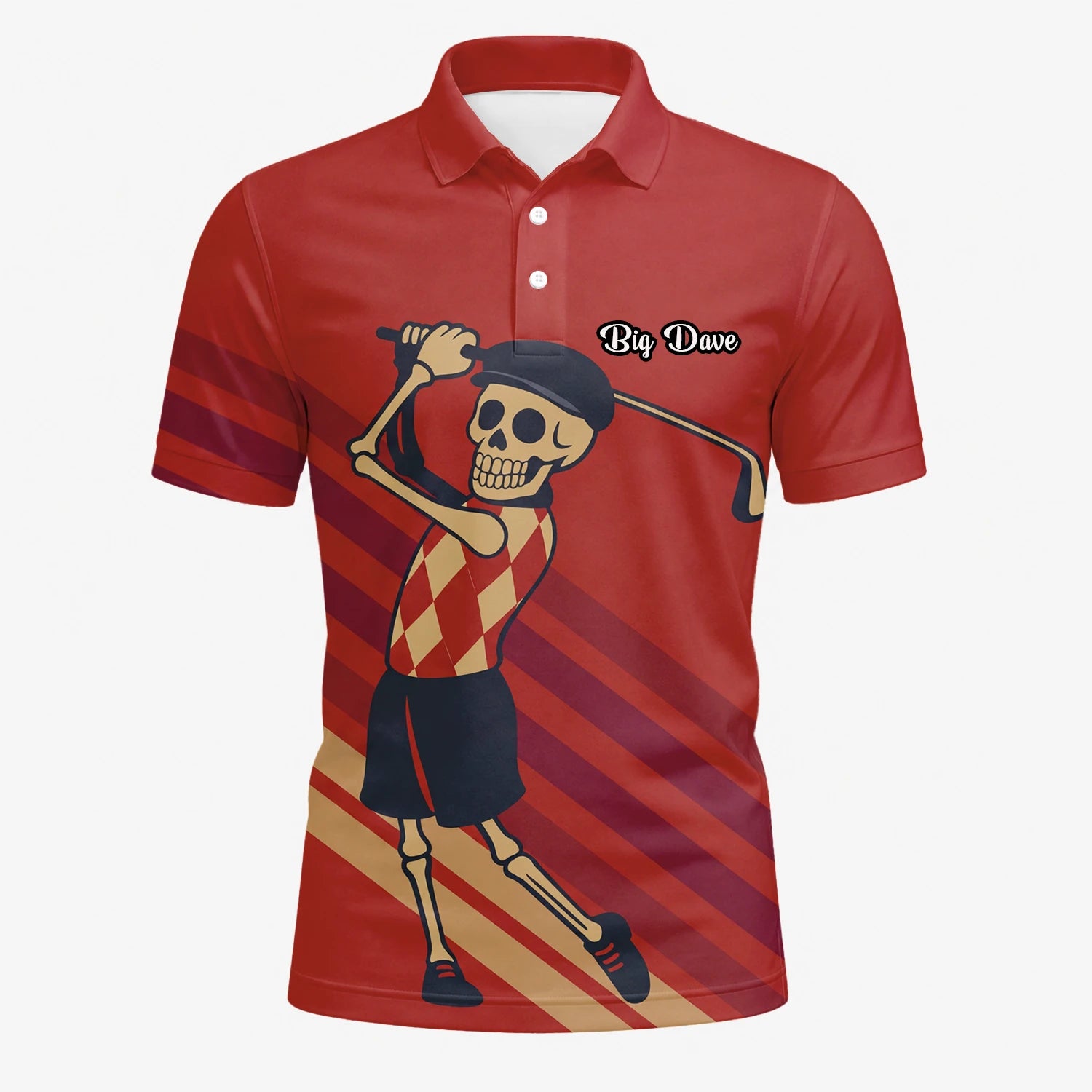 Personalisiertes Golf Poloshirt Rotes Skelett Golfer Cartoon Design für Herren F3648
