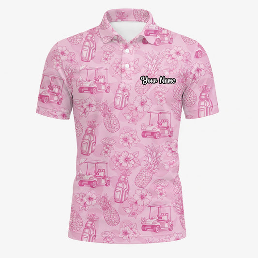 Personalisiertes Golf Poloshirt Rosa Golfcart Blumen Toile Design für Herren T8127