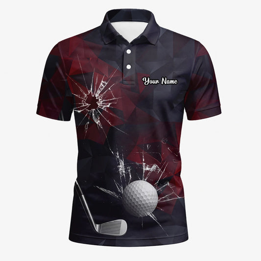 Personalisiertes Golf Poloshirt Schwarz Bordeaux Golfball Glassplitter Design für Herren R4354