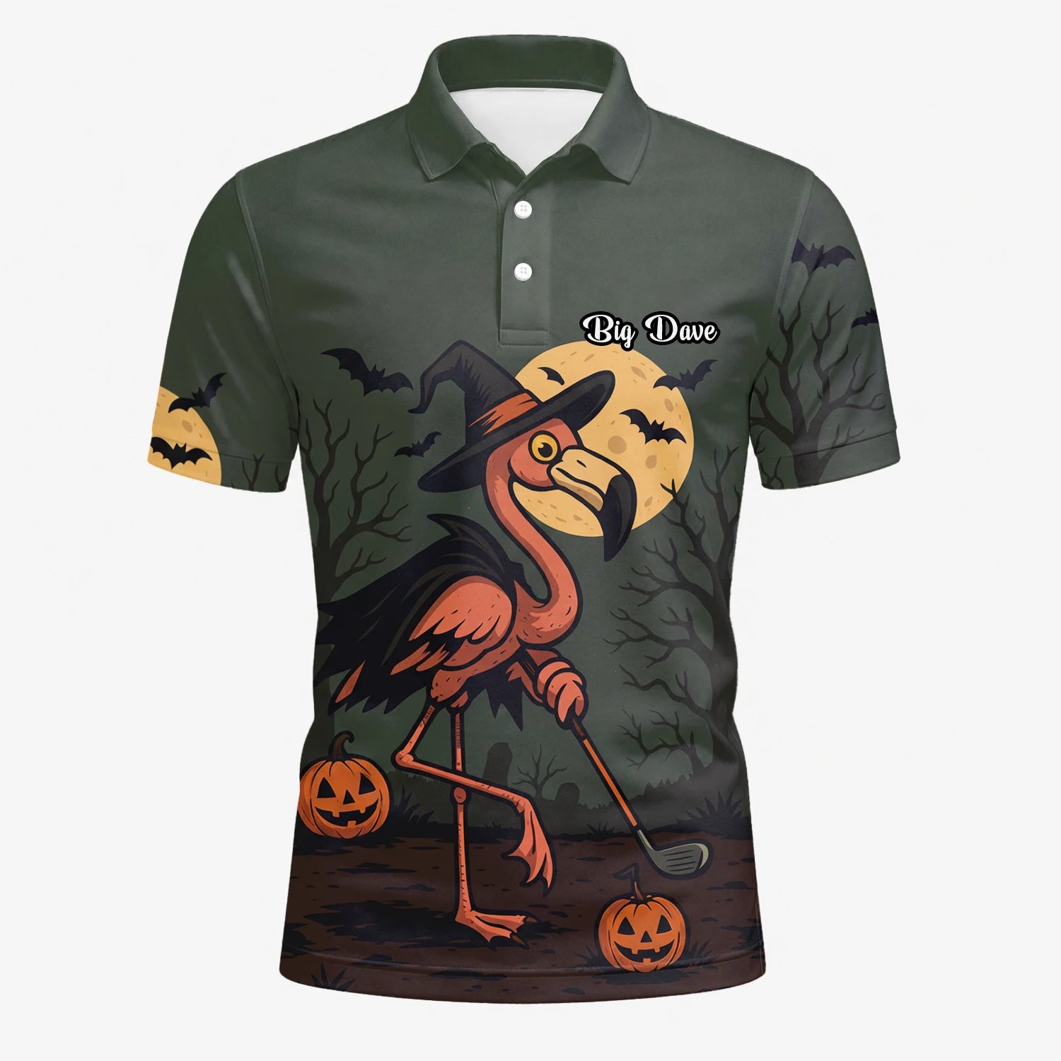 Personalisiertes Golf Poloshirt Olivgrünes Halloween Flamingo Hexe Golfer Kürbis Design für Herren X5811