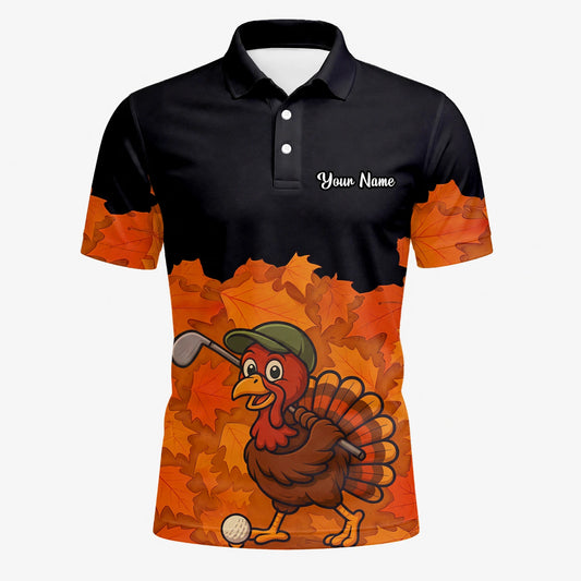Personalisiertes Golf Poloshirt Schwarz Orange Thanksgiving Truthahn Golfer Design für Herren W0964