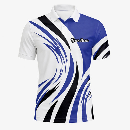 Personalisiertes Golf Poloshirt Weiß Blau Schwarzes Abstraktes Wellen Design für Herren V7849