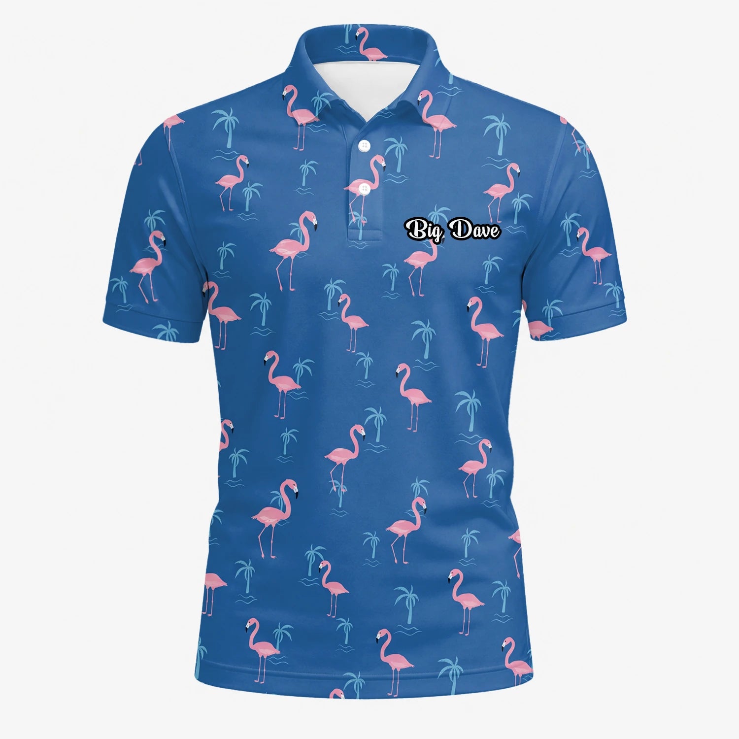 Personalisiertes Golf Poloshirt Blau Rosa Flamingo Palmen Design für Herren C8068
