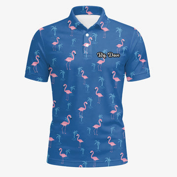 Personalisiertes Golf Poloshirt Blau Rosa Flamingo Palmen Design für Herren C8068