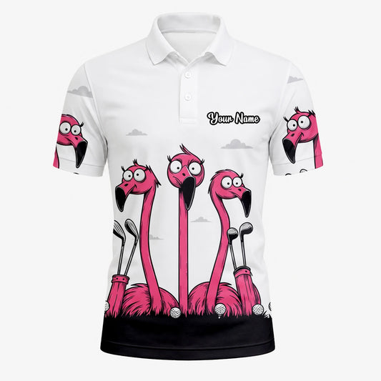 Personalisiertes Golf Poloshirt Weiß Rosa Flamingo Cartoon Design für Herren I6113