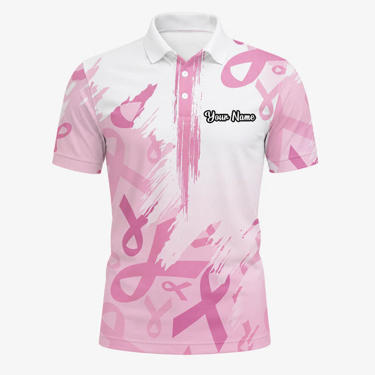 Personalisiertes Golf Poloshirt Weiß Rosa Brustkrebs Awareness Schleifen Pinselstrich Design für Herren U4702