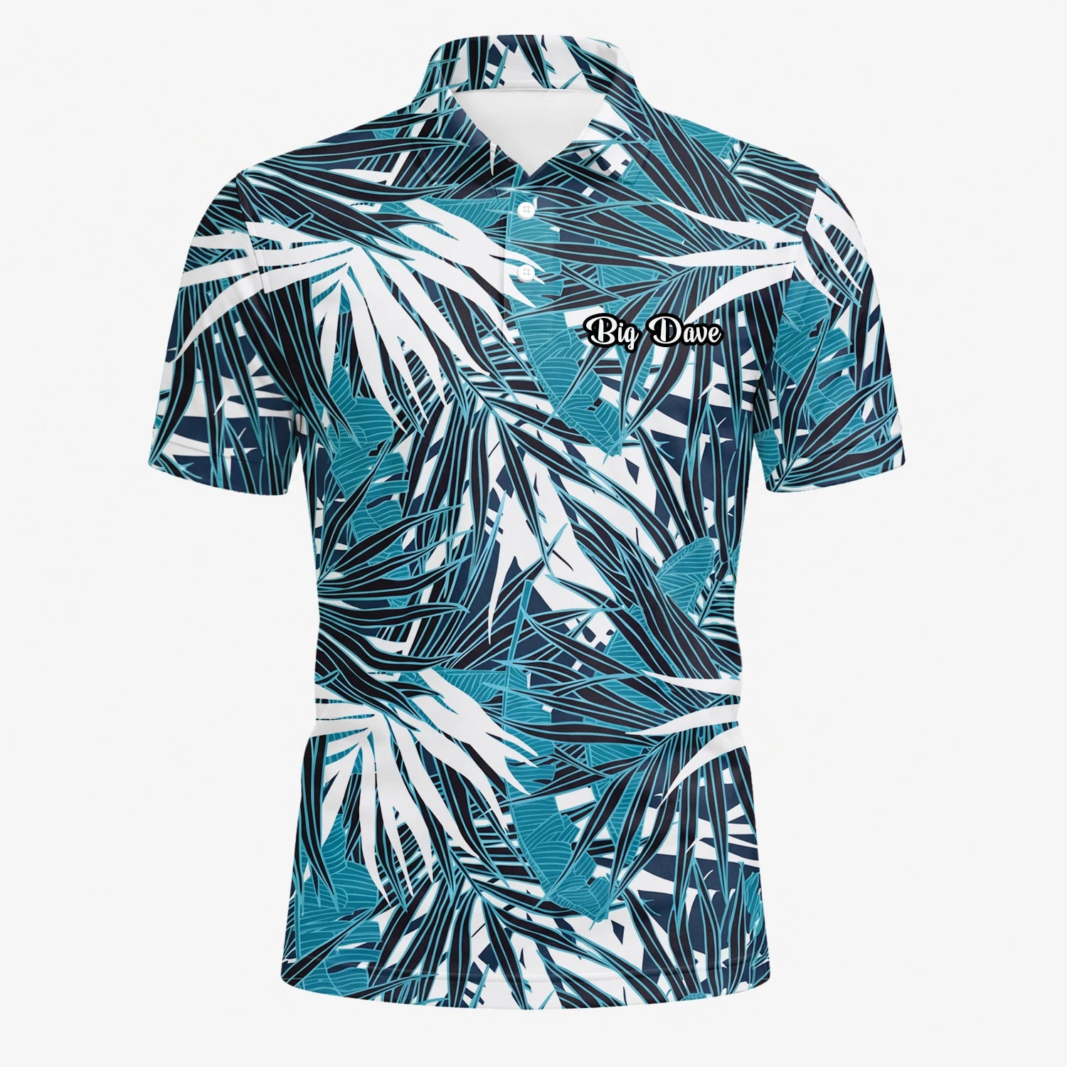 Personalisiertes Golf Poloshirt Türkis Schwarz Weißes Palmenblätter Design für Herren S8543