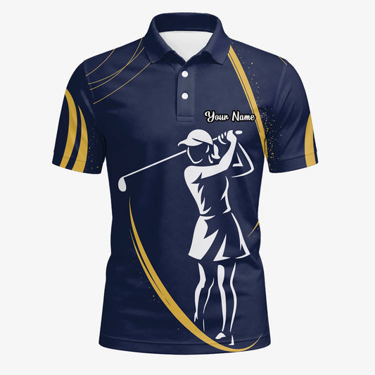 Personalisiertes Golf Poloshirt Marineblau Goldenes Golfer Silhouetten Design für Herren K0906