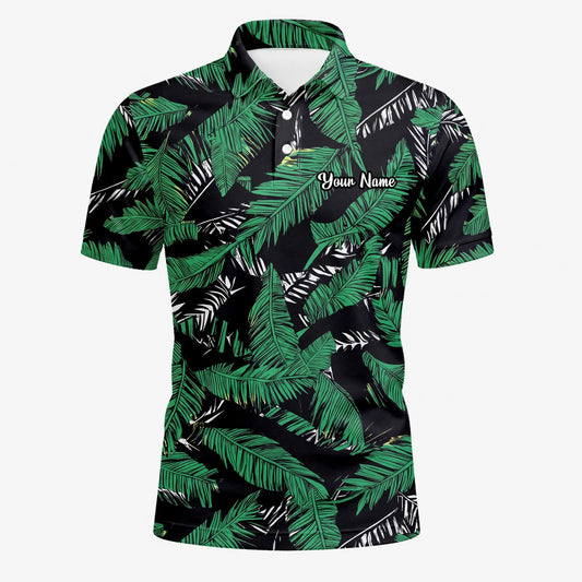 Personalisiertes Golf Poloshirt Schwarz Grünes Tropisches Bananenblätter Design für Herren K8023