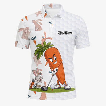 Personalisiertes Golf Poloshirt Weiß Karotten Hase Golfer Cartoon Design für Herren Y6359