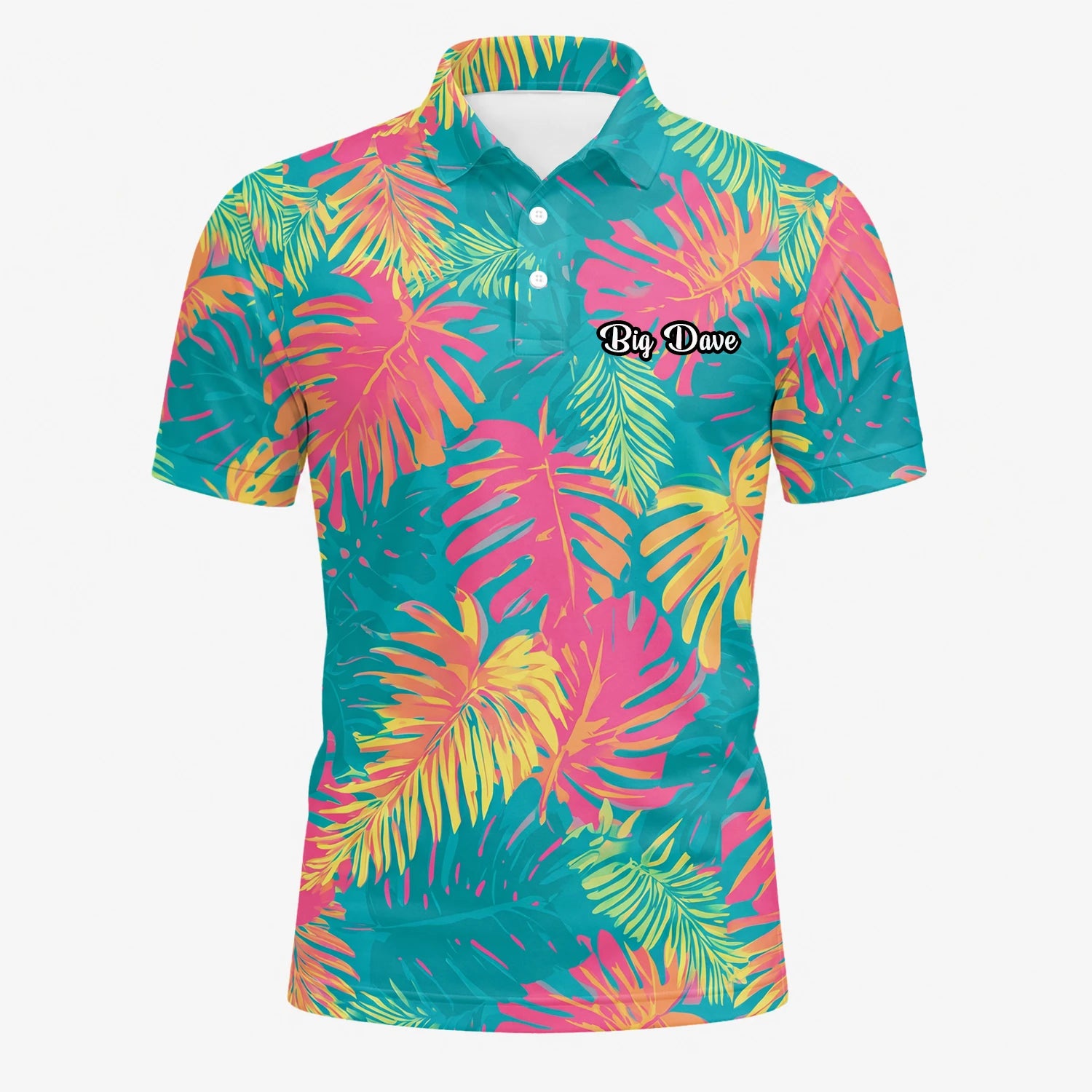 Personalisiertes Golf Poloshirt Türkis Korallenrotes Tropisches Blätter Design für Herren H8937