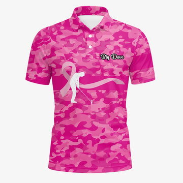 Personalisiertes Golf Poloshirt Rosa Camo Brustkrebs Awareness Schleifen Golfer Design für Herren Z3179