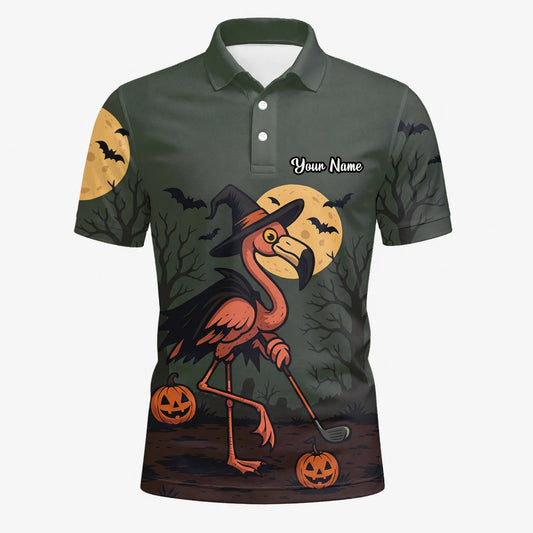 Personalisiertes Golf Poloshirt Olivgrünes Halloween Flamingo Hexe Golfer Kürbis Design für Herren X5811