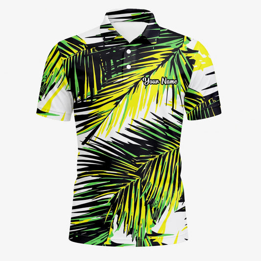 Personalisiertes Golf Poloshirt Schwarz Limettengrünes Tropisches Palmenblätter Design für Herren R3070