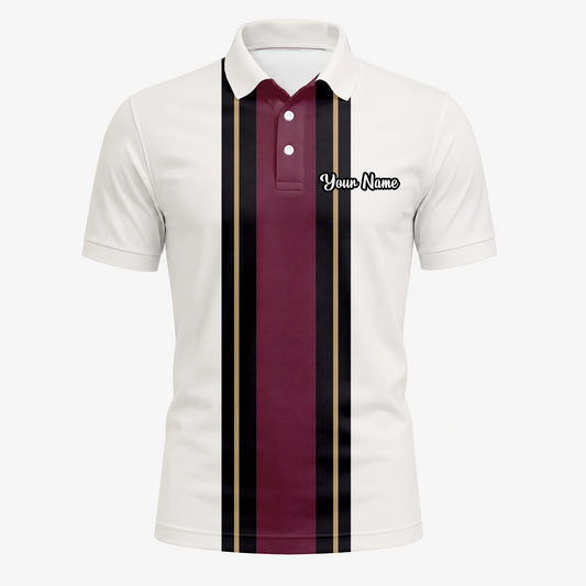 Personalisiertes Golf Poloshirt Weiß Bordeaux Schwarzes Rennstreifen Design für Herren G7028