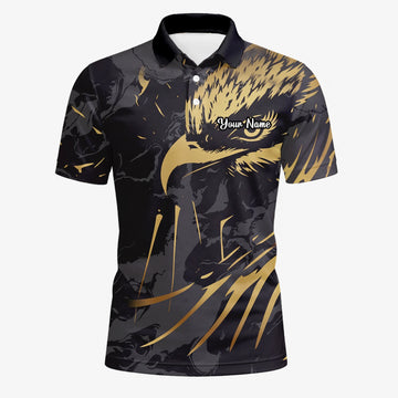 Personalisiertes Golf Poloshirt in Schwarz-Gold mit Adlerfeder-Motiv für Herren F0802