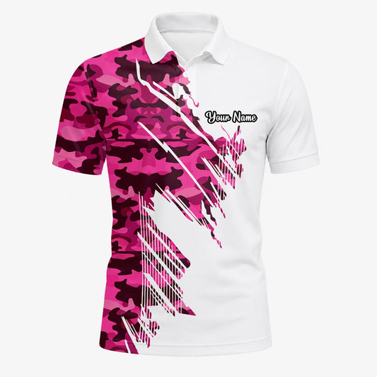 Personalisiertes Golf Poloshirt Weiß Rosa Camo Pinselstrich Design für Herren S6501