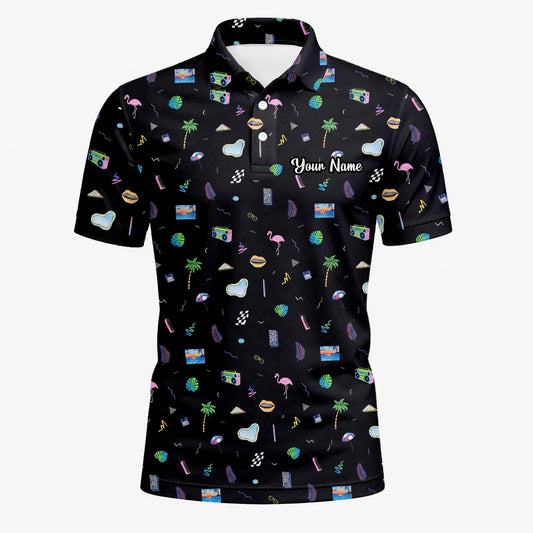 Personalisiertes Golf Poloshirt Schwarzes Urlaub Reise Doodle Design für Herren V7883