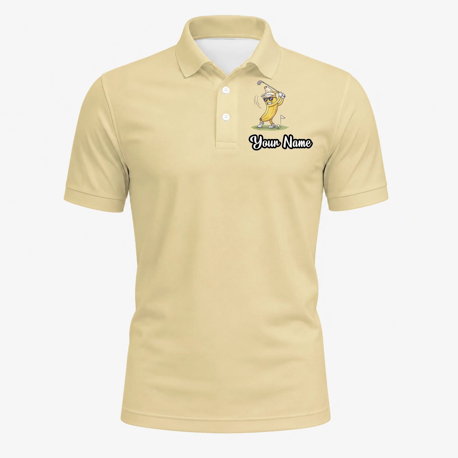Personalisiertes Golf Poloshirt Hellgelbes Bananen Golfer Cartoon Design für Herren X9847
