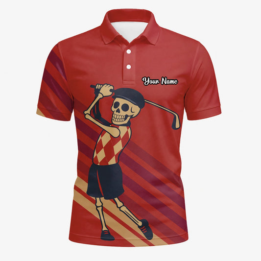 Personalisiertes Golf Poloshirt Rotes Skelett Golfer Cartoon Design für Herren F3648
