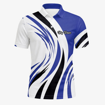 Personalisiertes Golf Poloshirt Weiß Blau Schwarzes Abstraktes Wellen Design für Herren V7849