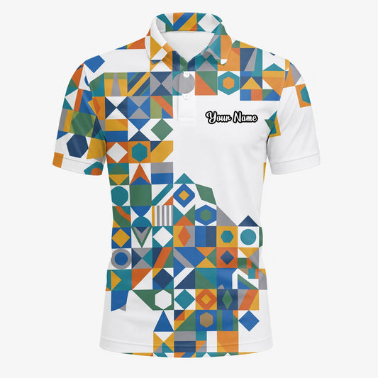 Personalisiertes Golf Poloshirt Weiß Türkis Oranges Geometrisches Patchwork Design für Herren K5362