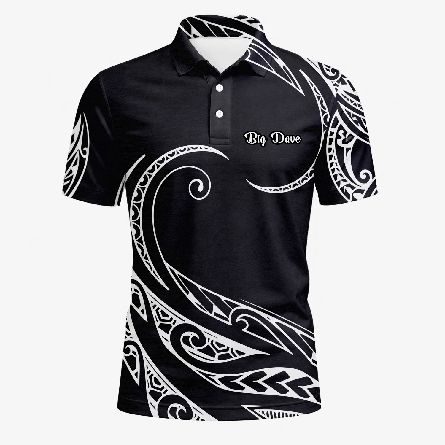 Personalisiertes Golf Poloshirt Schwarz Weißes Tribal Wellen Design für Herren R9560