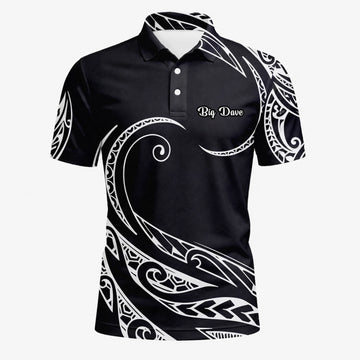Personalisiertes Golf Poloshirt Schwarz Weißes Tribal Wellen Design für Herren R9560