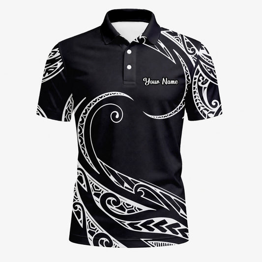 Personalisiertes Golf Poloshirt Schwarz Weißes Tribal Wellen Design für Herren R9560