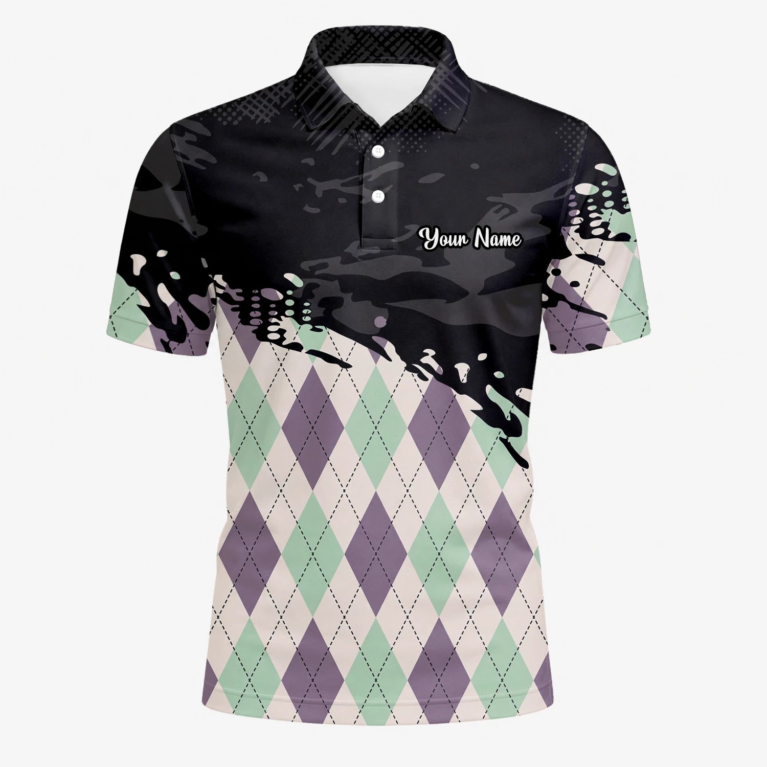 Personalisiertes Golf Poloshirt Schwarz Mint Lila Rauten Farbklecks Design für Herren C5124