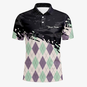 Personalisiertes Golf Poloshirt Schwarz Mint Lila Rauten Farbklecks Design für Herren C5124