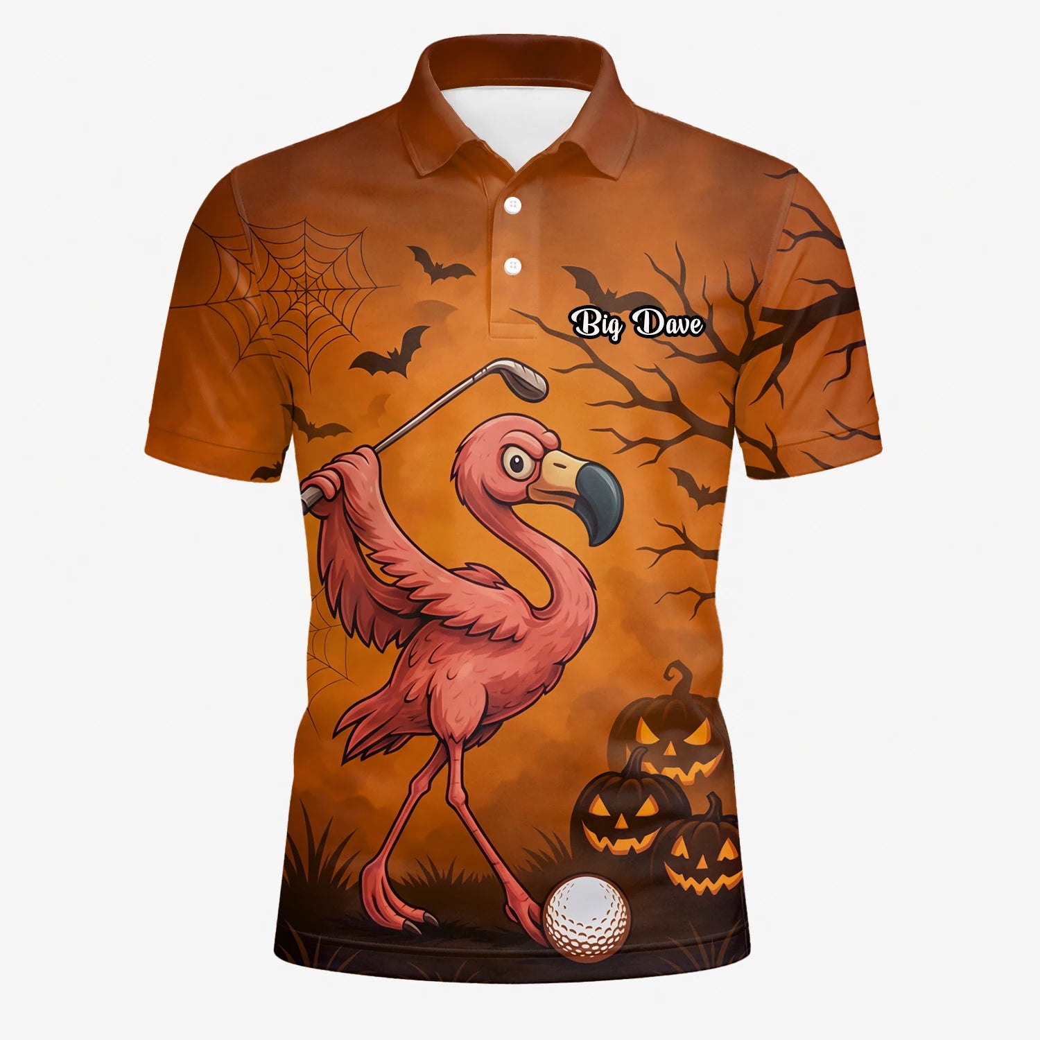 Personalisiertes Golf Poloshirt Orange Halloween Flamingo Golfer Kürbis Design für Herren V7072