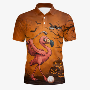 Personalisiertes Golf Poloshirt Orange Halloween Flamingo Golfer Kürbis Design für Herren V7072