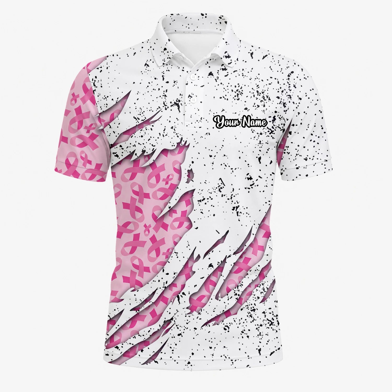 Personalisiertes Golf Poloshirt Weiß Rosa Brustkrebs Schleifen Zerrissenes Design für Herren B7190