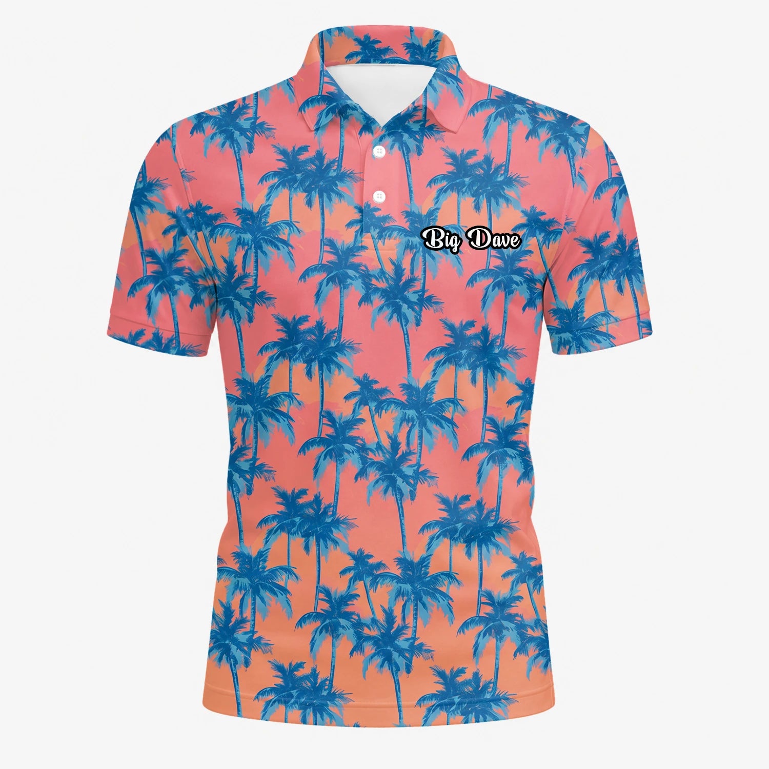 Personalisiertes Golf Poloshirt Korallenrosa Blaues Palmen Design für Herren A5845